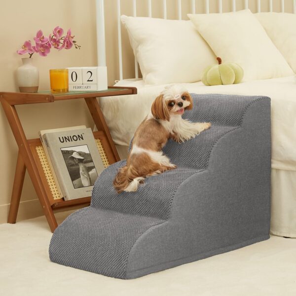 Dog Stairs, Romrol Dog Steps Ramp for High Bed and Couch, Dogs Ramp with Durable Non-Slip Waterproof Fabric Cover, Pet Stairs for Small Dogs and Cats or Pets Joints, 4-Tiers,Grey