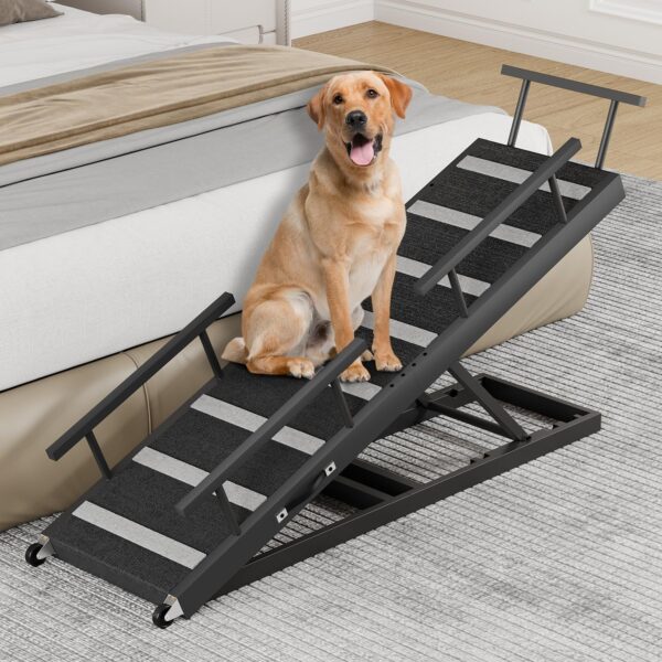 Dog Ramp for Bed, 63" Pet Ramp for Adjustable Hight, Dog Ramps for Large Dogs with Anti-Slip Carpet and Safety Rails, Dog Car Ramp with Wheel for Small, Large, Old Dogs Up to 180 Lbs, Black