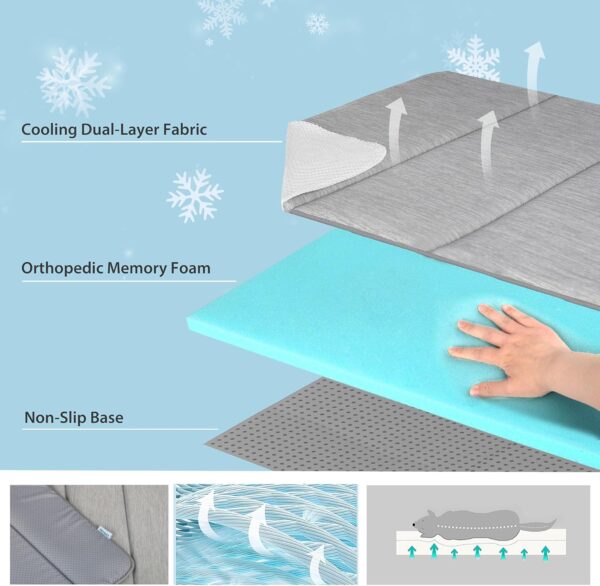 Chicute Dog Cooling Mat for Large Dogs - Orthopedic Memory Foam Pet Pad for Summer, QMAX>0.5, Washable Premium Comfort Crate Pad for Your Furry Companion, Grey, 35x23