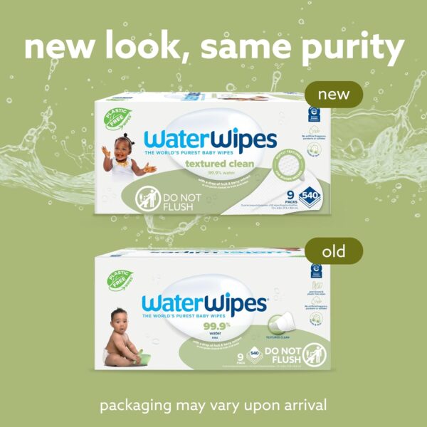 WaterWipes Plastic-Free Textured Clean, Toddler & Baby Wipes, 99.9% Water Based Wipes, Unscented & Hypoallergenic for Sensitive Skin, 540 Count (9 packs), Packaging May Vary