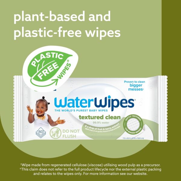 WaterWipes Plastic-Free Textured Clean, Toddler & Baby Wipes, 99.9% Water Based Wipes, Unscented & Hypoallergenic for Sensitive Skin, 540 Count (9 packs), Packaging May Vary