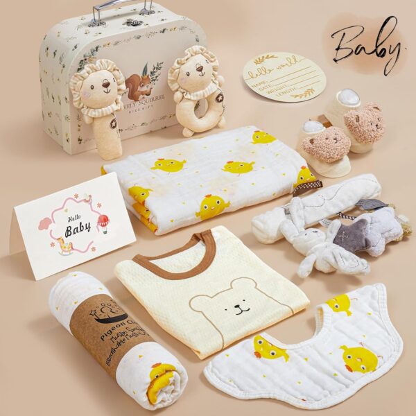 9pcs Newborn Baby Gifts for Boys Girls, Baby Shower Gifts for Baby Infant Toys 0-6 Months with 2 Rattle & Seat Toy, Blanket/Onesies/Bib/Socks/Memory/Carry Box, New Born Essential Stuff Gift