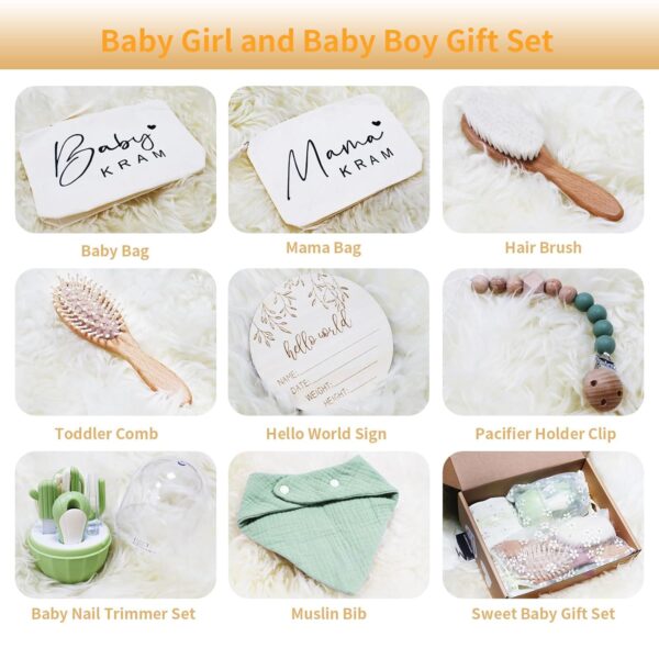 8 Packs Baby Essentials Baby Shower Gifts New Mom Gifts Baby Gifts Gender Neutral - Baby Brush and Comb Set - Non-Toxic No Pungent Smell - Baby Nail Clippers,Bags, Bibs Love Gifts Practical and Cute