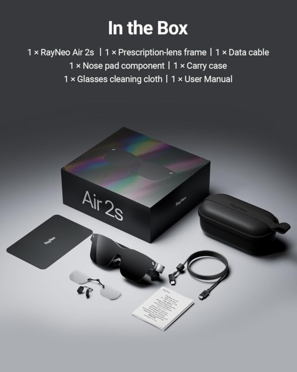 RayNeo Air 2s XR Glasses - Latest AR Glasses with 4 Speakers, 201" Micro OLED with 120 Hz, 5000 nits Brightness, Smart Glasses for iPhone 16/15/15 Pro Max/Android/MacBook/Switch/PS5/-2024 Model.
