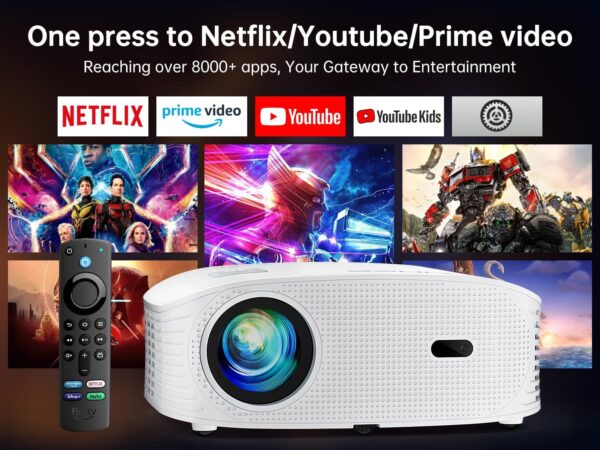 GooDee Smart 4K 1080P Projector - Video Projector with WiFi and Bluetooth, Movie Outdoor Projector for Home Theater Dolby Audio Zoom Portable Projector TV Stick, Netflix/Amazn Prime Video Certified