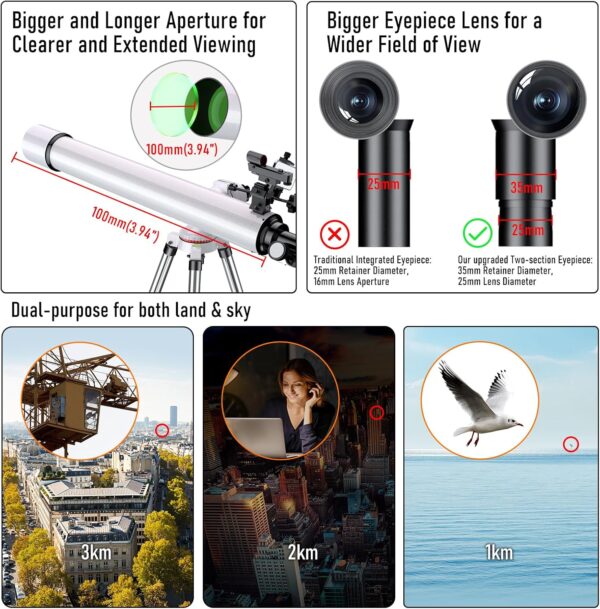 Telescope,100mm Aperture 900mm FL w/Star-Finding System for iOS/Android, Metal AZ w/high-Precision Adjustment, Telescope for Adults high Powered, Ideal for Astronomy Enthusiasts/Beginners/Kids,White