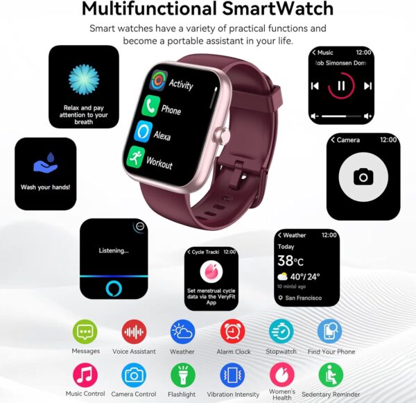Smart Watch with Alexa & Bluetooth Calls, 1.83" HD Fitness Tracker for Men Women, IP68 Waterproof, 120+ Workout Modes, 24/7 Heart Rate/Sleep Tracking, iOS Android Compatible (Red)