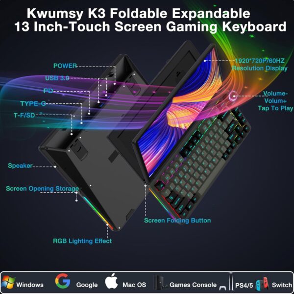 Kwumsy K3 Touchscreen Gaming Mechanical Keyboard - 82 Key Portable USB Wired RGB LED Backlit N-Key Compact Keyboard With 13" Foldable 0-90 Degree Portable Screen, Plug and Play for Wins Mac