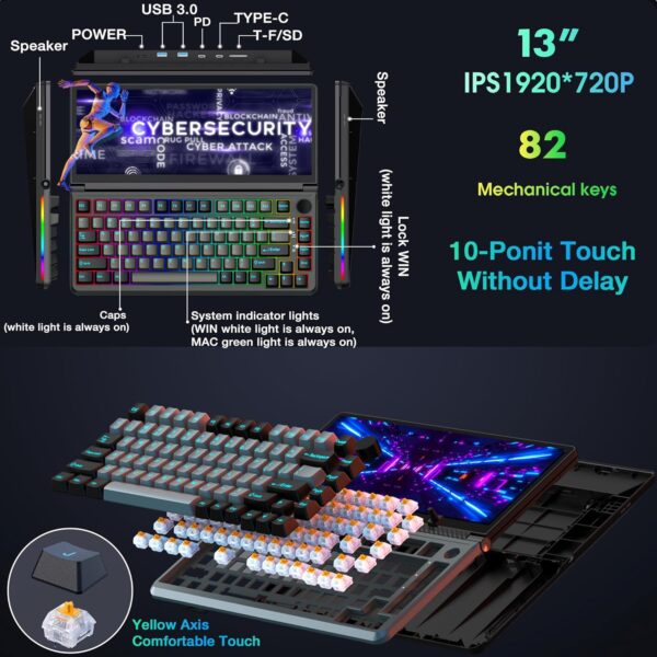 Kwumsy K3 Touchscreen Gaming Mechanical Keyboard - 82 Key Portable USB Wired RGB LED Backlit N-Key Compact Keyboard With 13" Foldable 0-90 Degree Portable Screen, Plug and Play for Wins Mac