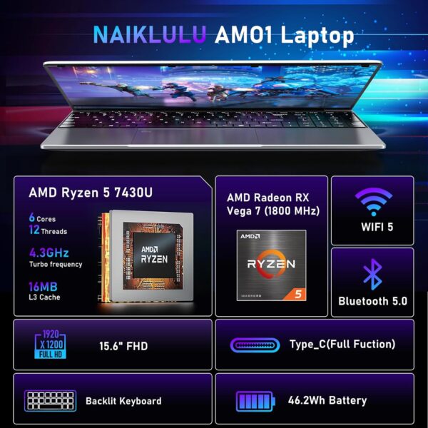 Gaming Laptop,15.6 Inch Laptop Computer,32GB RAM 1TB SSD,AMD Ryzen 5 7430U 6C/12T Processor(up to 4.3Ghz),AMD Radeon Graphics,15.6”FHD 1920 * 1080 Display,WiFi 5,BT5.0,Backlit Keyboard
