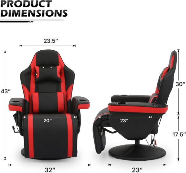MoNiBloom Massage Gaming Recliner Chair with Speakers, Ergonomic Lumbar Neck Support and Armrests with Cup Holders, Swivel Gaming Chair for Adult Teen, Red