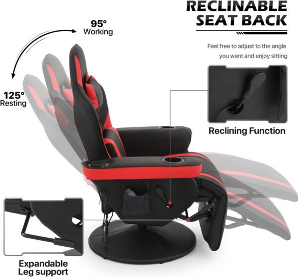 MoNiBloom Massage Gaming Recliner Chair with Speakers, Ergonomic Lumbar Neck Support and Armrests with Cup Holders, Swivel Gaming Chair for Adult Teen, Red