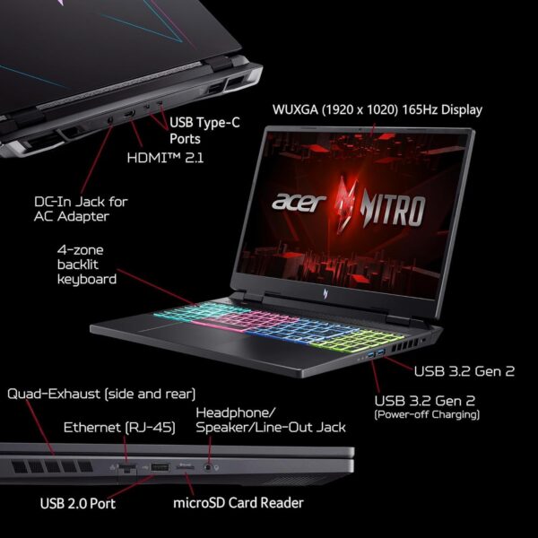 Acer Nitro 16 Gaming Laptop, 16" WUXGA (1920 x 1200) IPS 165Hz, Hexa-core Ryzen 5 7640HS (Beats i7-11800H), GeForce RTX 4050, RGB Backlit, USB-C, Win11 H, w/Mouse Pad