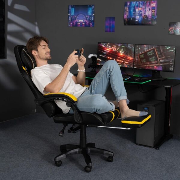 HOFFREE Gaming Chair Massage with Speakers Bluetooth and Footrest Big and Tall Video Game Chair for Heavy People 400lb with Massager for Adults Yellow and Black