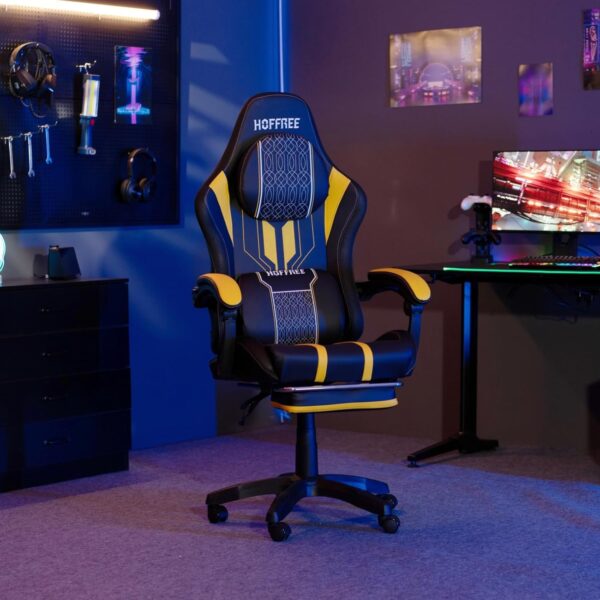HOFFREE Gaming Chair Massage with Speakers Bluetooth and Footrest Big and Tall Video Game Chair for Heavy People 400lb with Massager for Adults Yellow and Black