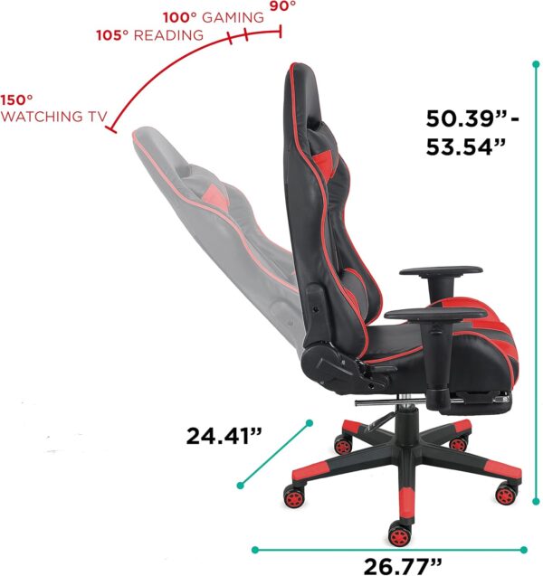 Gaming Chair with Fold-Away Footrest, Height Adjustable Gamer Chair & Support Pillows and 2D T-Armrests Deluxe Leather Reclining Office Chair, Black/Red