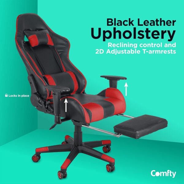 Gaming Chair with Fold-Away Footrest, Height Adjustable Gamer Chair & Support Pillows and 2D T-Armrests Deluxe Leather Reclining Office Chair, Black/Red