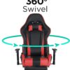 Gaming Chair with Fold-Away Footrest, Height Adjustable Gamer Chair & Support Pillows and 2D T-Armrests Deluxe Leather Reclining Office Chair, Black/Red