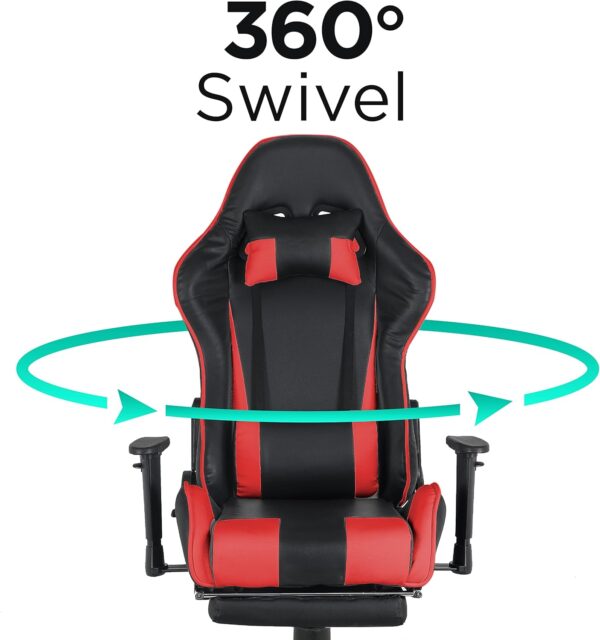 Gaming Chair with Fold-Away Footrest, Height Adjustable Gamer Chair & Support Pillows and 2D T-Armrests Deluxe Leather Reclining Office Chair, Black/Red