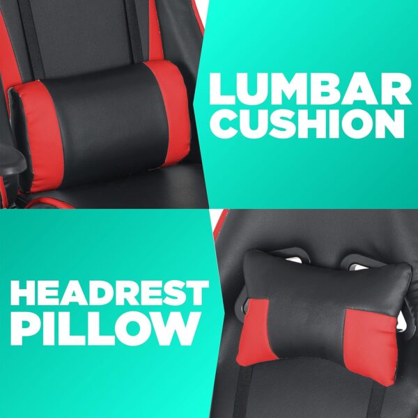 Gaming Chair with Fold-Away Footrest, Height Adjustable Gamer Chair & Support Pillows and 2D T-Armrests Deluxe Leather Reclining Office Chair, Black/Red