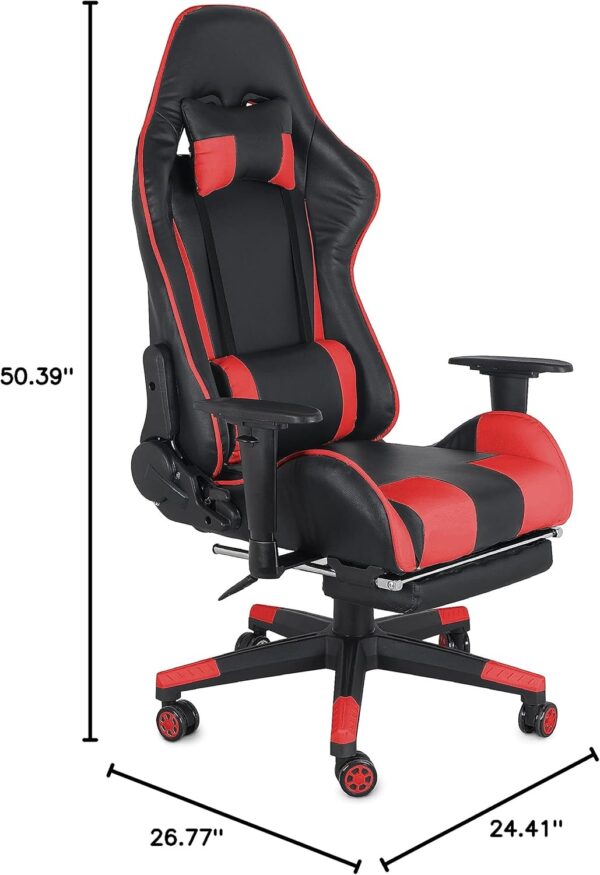 Gaming Chair with Fold-Away Footrest, Height Adjustable Gamer Chair & Support Pillows and 2D T-Armrests Deluxe Leather Reclining Office Chair, Black/Red