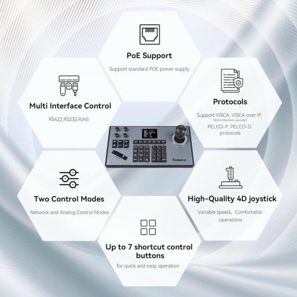 Tenveo PTZ Camera Joystick Controller LCD Screen Preview 4D Joystick Controller Keyboard Support NDI PoE Visca Over IP RS422 RS485 RS232 Pelco-D/P For Church/Event/OBS/Vmix/Live Streaming(KB200)
