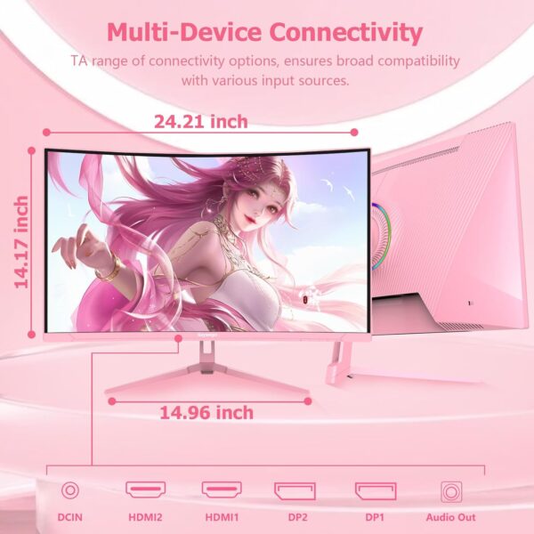 Pink 27 inch Curved Gaming Monitor 180Hz,QHD 1080P,1800R LED Display,Pink Computer Monitor,1ms (MPRT),FreeSync,Eye-Care Technology, DP, HDMI Port for Gaming Home Office,VESA(75mm*75mm)