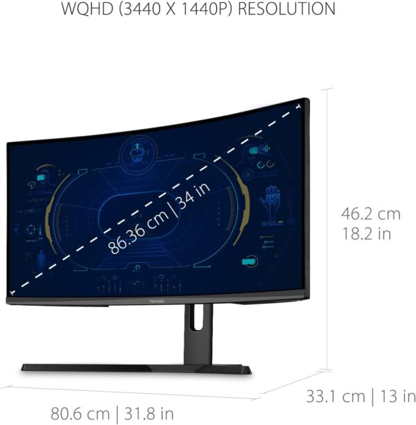 ViewSonic VX3418-2KPC 34 Inch 21:9 Curved 1440p 1ms 180Hz Gaming Monitor with FreeSync Premium, Eye Care, HDMI and Display Port