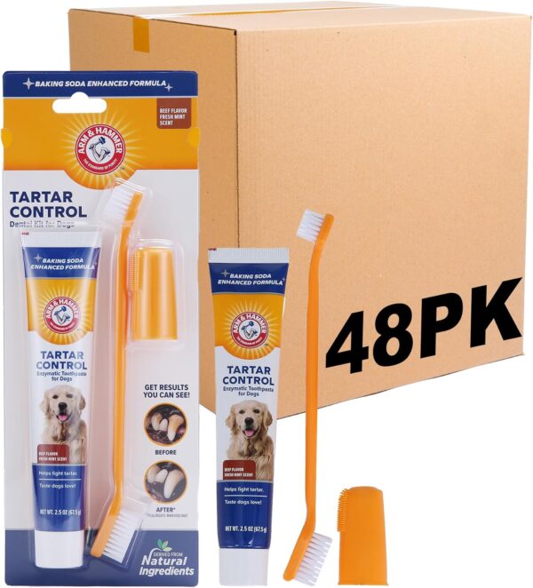 Arm & Hammer for Pets Tartar Control Kit for Dogs Contains Toothpaste, Toothbrush & Fingerbrush Reduces Plaque & Tartar Buildup Safe for Puppies, 3-Piece Kit, Beef Flavor (Pack of 48)