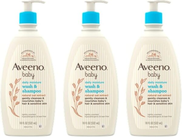 Aveeno Baby Gentle Body Wash & Shampoo with Natural Oat Extract, Tear-Free, Paraben-Free & Phthalate-Free Formula for Baby’s Sensitive Hair & Body, Lightly Scented, 18 fl. oz, 3 Pack