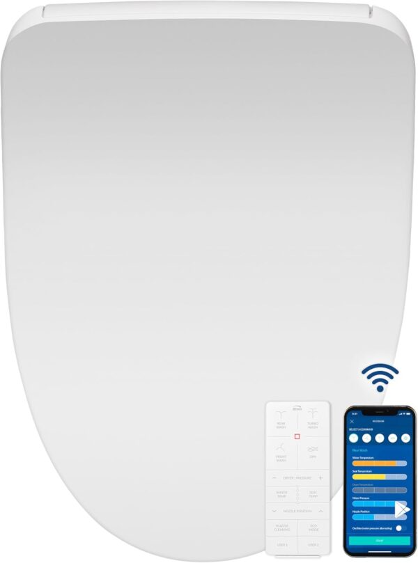 Bio Bidet BB1200 Smart Bidet Toilet App-Enabled iOS & Android Warm Water with Air Dryer, Heated Seat with Slow Close Lid, Remote Control, Elongated, White