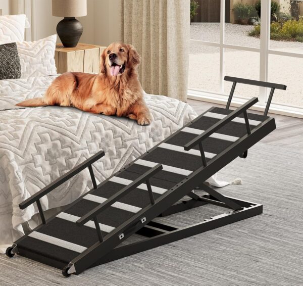 Dog Ramp for Bed, 63" Pet Ramp for Adjustable Hight, Dog Ramps for Large Dogs with Anti-Slip Carpet and Safety Rails, Dog Car Ramp with Wheel for Small, Large, Old Dogs Up to 180 Lbs, Black