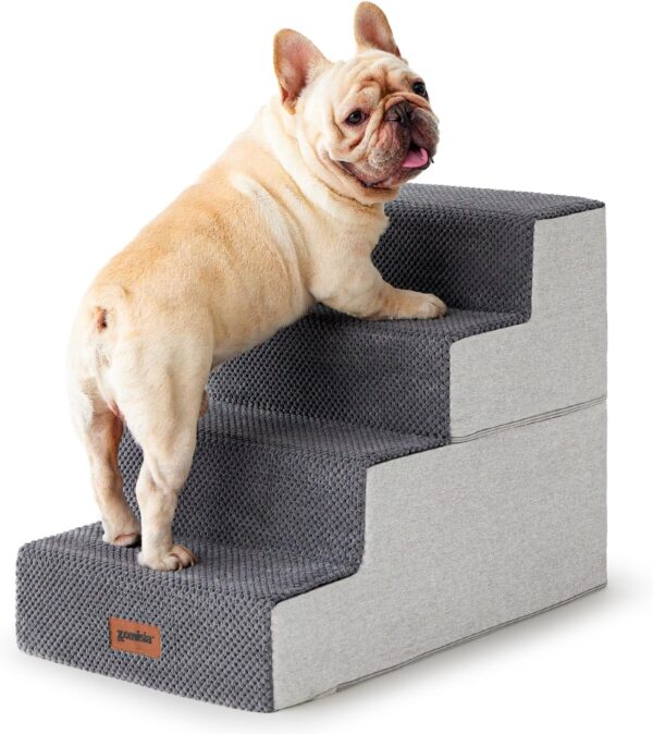 Dog Stairs for Small Dogs - Pet Stairs 2 in 1 with Zippers Suitable for Couch and Bed, 30D Foam Dog Steps with Non Slip Bottom Grey 4 Steps, Grey