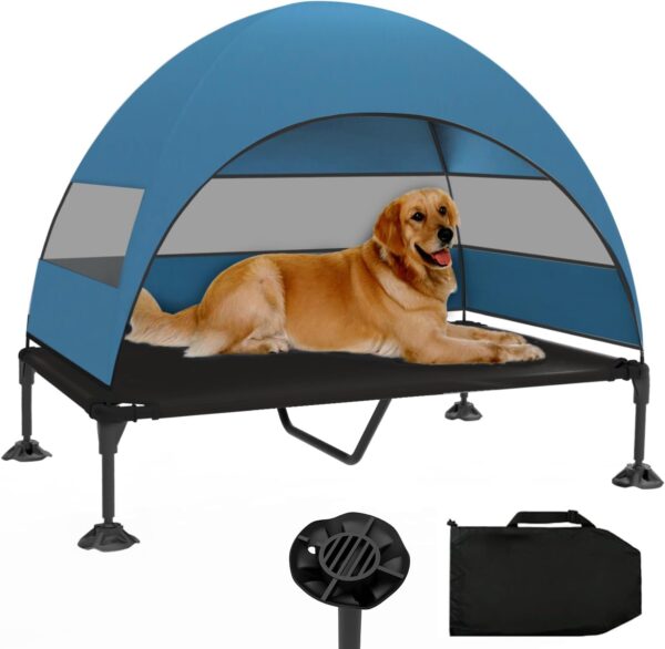 Elevated Dog Bed with Canopy, Raised Outdoor Dog Cot with Stable Anti-Slip Feet, Pet Bed with Removable Canopy Shade Tent, Dog Bed for Indoor Outdoor (Blue, 50.0" L x 32.0" W x 42.5" Th)