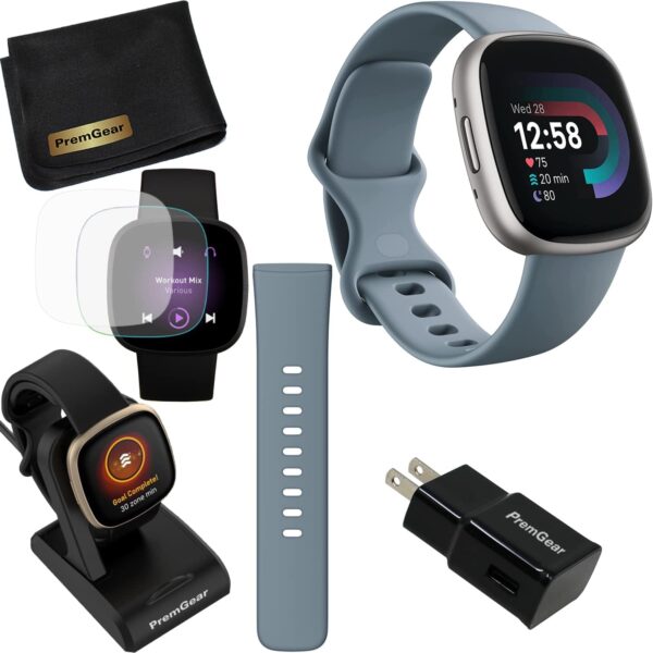 Fitbit Versa 4 Health and Fitness Smart Watch (Blue/Platinum) with Built-in GPS, 6 Day Battery Life, S & L Bands, Bundle with 3.3foot Charge Cable, Wall Adapter, Screen Protectors & PremGear Cloth