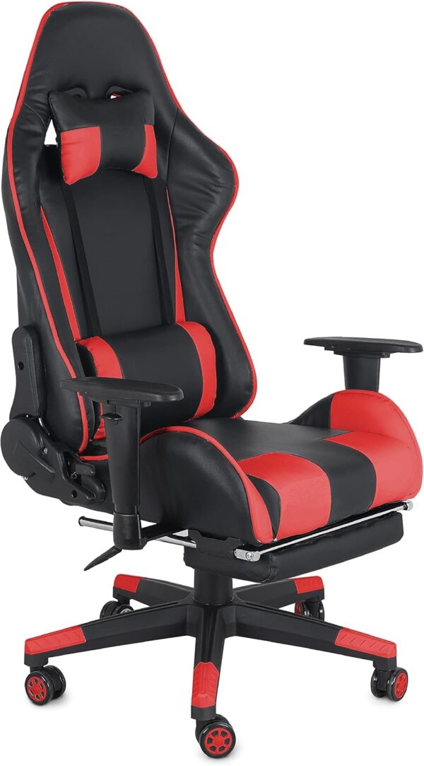 Gaming Chair with Fold-Away Footrest, Height Adjustable Gamer Chair & Support Pillows and 2D T-Armrests Deluxe Leather Reclining Office Chair, Black/Red