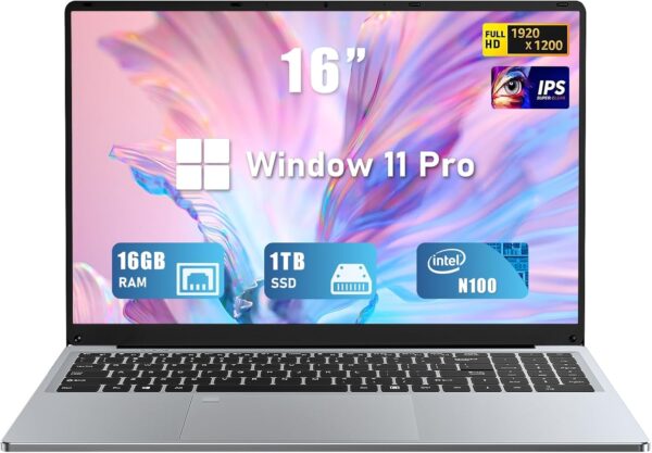 Gaming Laptop | 16 Inch FHD Display (1920 x 1200) | 12th N100 Laptop Computer | 16GB RAM 1TB SSD | Supports 180 Angle Opening | Bluetooth | Backlit Keyboard | Windows 11 Pro.