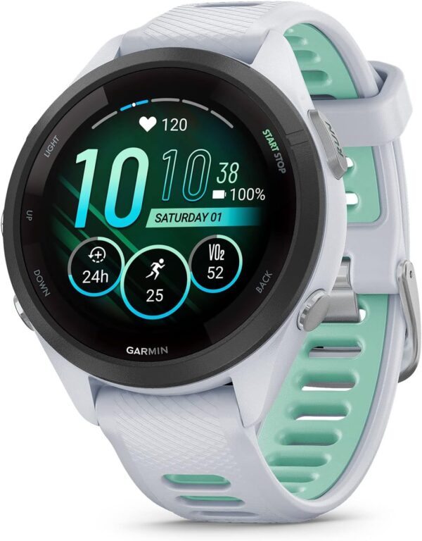 Garmin Forerunner 265S Running Smartwatch, Colorful AMOLED Display, Training Metrics and Recovery Insights, Whitestone and Neo Tropic 42 mm