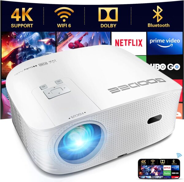 GooDee Smart 4K 1080P Projector - Video Projector with WiFi and Bluetooth, Movie Outdoor Projector for Home Theater Dolby Audio Zoom Portable Projector TV Stick, Netflix/Amazn Prime Video Certified