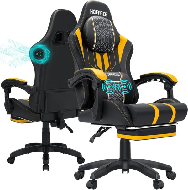 HOFFREE Gaming Chair Massage with Speakers Bluetooth and Footrest Big and Tall Video Game Chair for Heavy People 400lb with Massager for Adults Yellow and Black