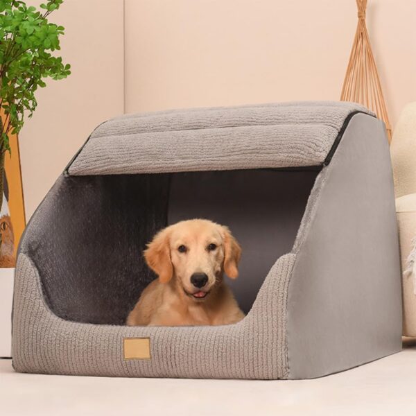 Large Dog House Indoor, Soft Plush Dog Cave Bed Covered Dog Bed with Fluffy Washable Cushion, Portable Dog/Cat Pet Tent House for Small Medium Dogs (Grey, X-Large)