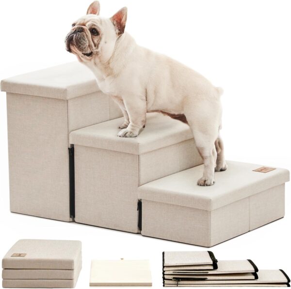 Love's cabin Dog Stairs for High Bed 18" H,Foldable Pet Stairs for Small Medium or Large Dogs Puppy with Storage for Bed or Couch, Cat Dog Steps Ramp with Zip up to 210 lbs(Beige,3 Steps no Condo)