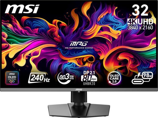 MSI MPG 322URX QD-OLED 32-inch 3840 x 2160 (UHD) Computer Monitor, 240Hz, Adaptive-Synch, HDMI, DP Port, VESA Mountable, Tilt, Speaker, 0.03ms, Black