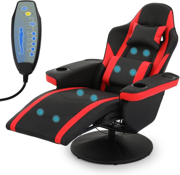 MoNiBloom Massage Gaming Recliner Chair with Speakers, Ergonomic Lumbar Neck Support and Armrests with Cup Holders, Swivel Gaming Chair for Adult Teen, Red