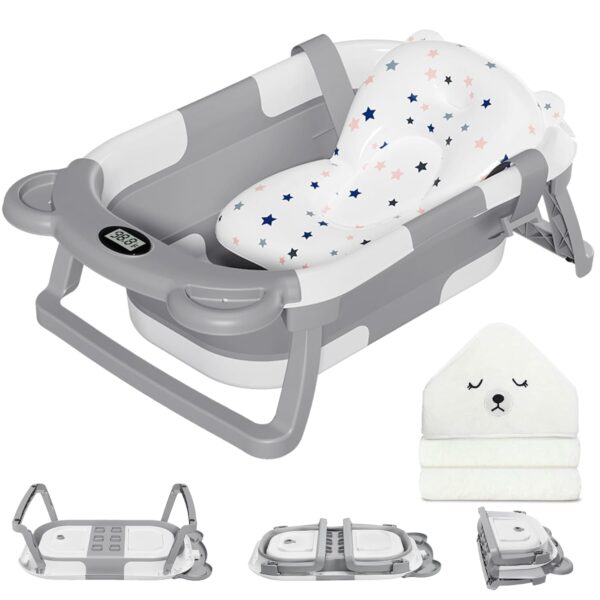 MoreFeel Collapsible Baby Bathtub for Newborn with Thermometer & 1 Hooded Towel & 1 Soft Floating Cushion,Portable Travel Bathtub with Drain Hole, Durable Foldable Baby Tubs for Infants to Toddler