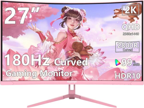 Pink 27 inch Curved Gaming Monitor 180Hz,QHD 1080P,1800R LED Display,Pink Computer Monitor,1ms (MPRT),FreeSync,Eye-Care Technology, DP, HDMI Port for Gaming Home Office,VESA(75mm*75mm)