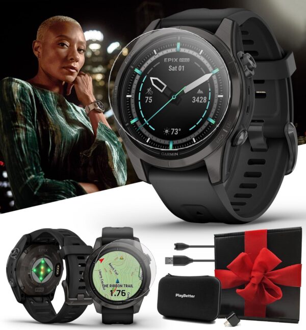 PlayBetter Garmin epix Pro (Gen 2) Sapphire (Carbon Gray DLC/Black, 42mm) GPS Outdoor Watch Gift Box Bundle - AMOLED Display & Built-in Flashlight - Includes Screen Protectors, Wall Adapter & Case