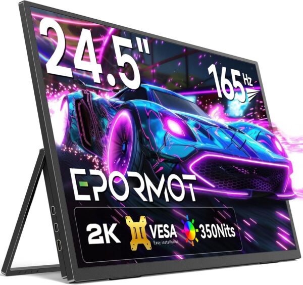 Portable Monitor 24.5” 165HZ, 2K Portable Gaming Monitor with FreeSync, HDR, 180°Adjustable Kickstand & VESA, 350Nits QHD IPS Large Travel Gaming Second Screen for Laptop, Switch