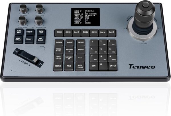Tenveo PTZ Camera Joystick Controller LCD Screen Preview 4D Joystick Controller Keyboard Support NDI PoE Visca Over IP RS422 RS485 RS232 Pelco-D/P For Church/Event/OBS/Vmix/Live Streaming(KB200)