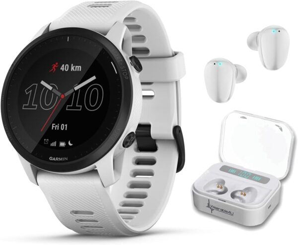 Wearable4U Garmin Forerunner 945 LTE Premium GPS Running/Triathlon Multisport 44 mm Smartwatch with LTE Connectivity, Whitestone White Earbuds Power Bundle